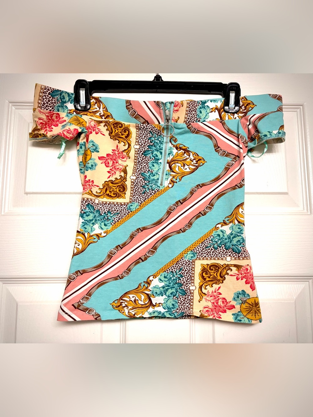 Guess Aqua Pink and Gold Baroque Print Off-Shoulder Top